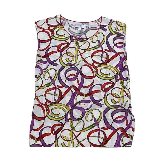 Escada Sport Top Ribbon Print Shirt Knit Open White Colorful Size Small S - Picture 4 of 17